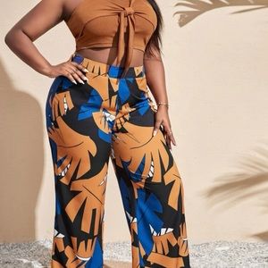 Plus size Tropical print wide leg pants and halter top set
